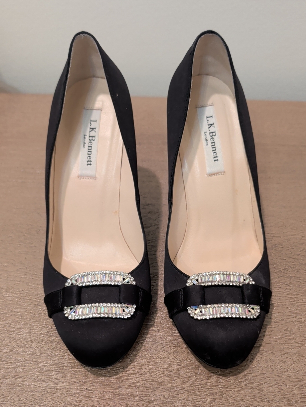LK Bennett Black Satin Crystal Buckle Pumps
